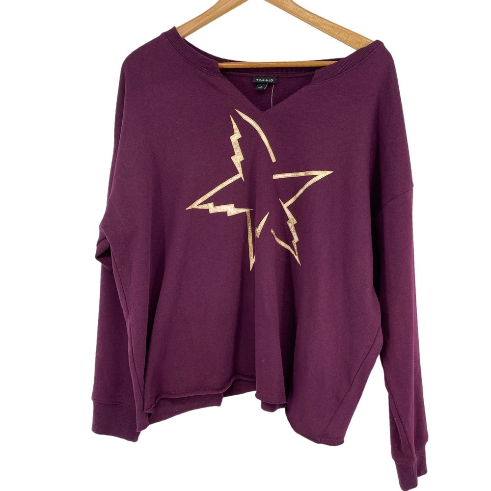 Torrid Purple Gold Star Graphic V Neck Long Sleeve Sweatshirt Size‎ 2X Oversized